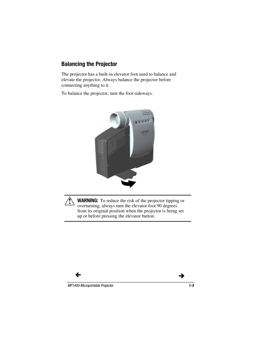 Compaq MP1400 manual Balancing the Projector 