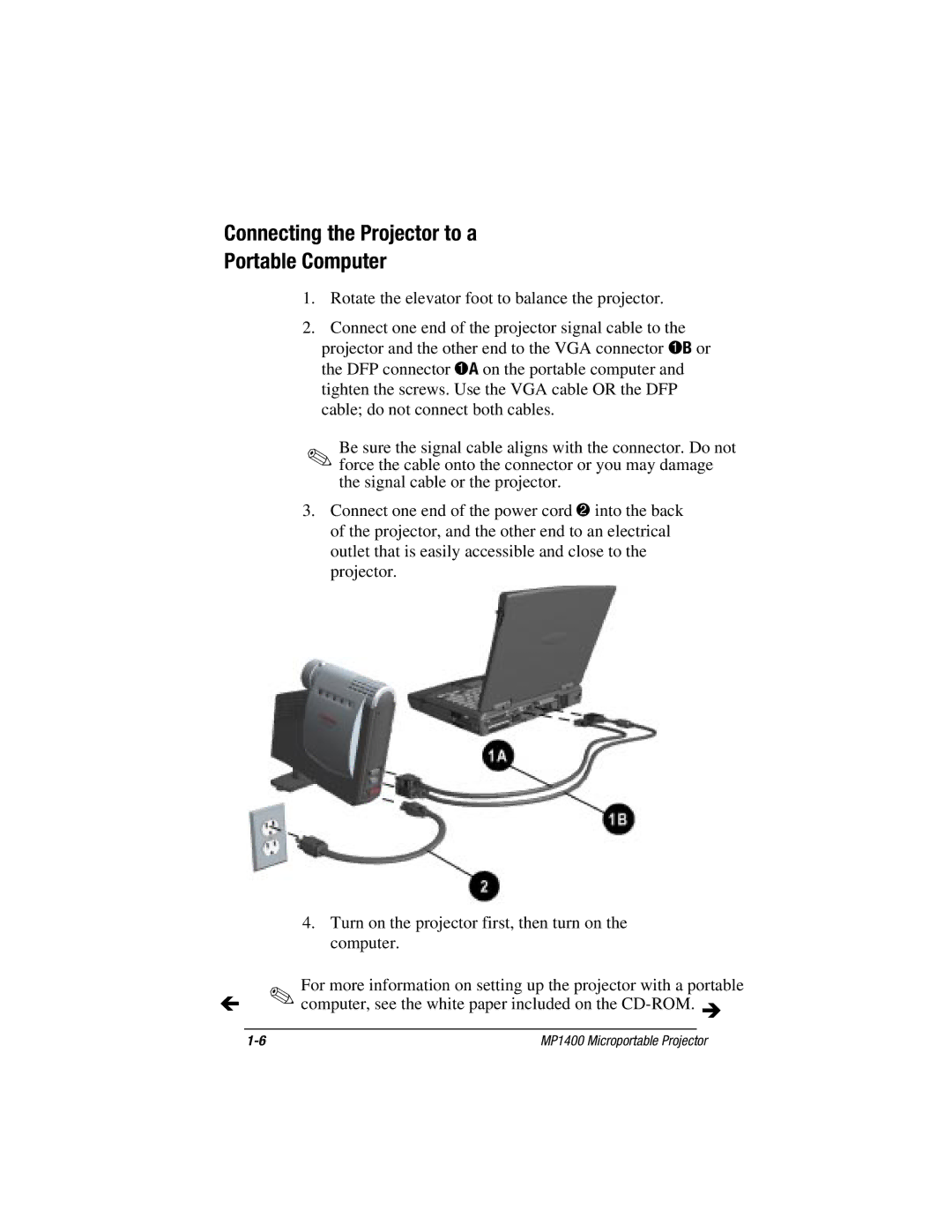 Compaq MP1400 manual Connecting the Projector to a Portable Computer 