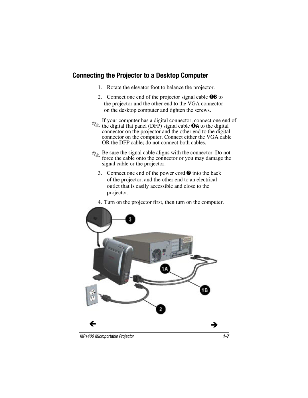 Compaq MP1400 manual Connecting the Projector to a Desktop Computer 