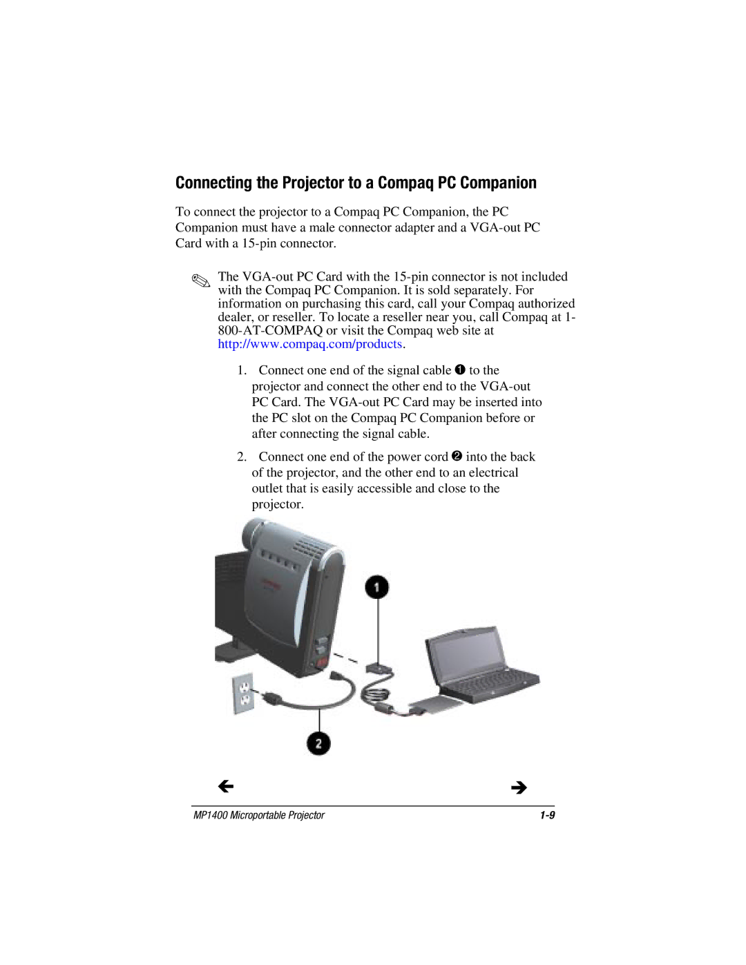 Compaq MP1400 manual Connecting the Projector to a Compaq PC Companion 