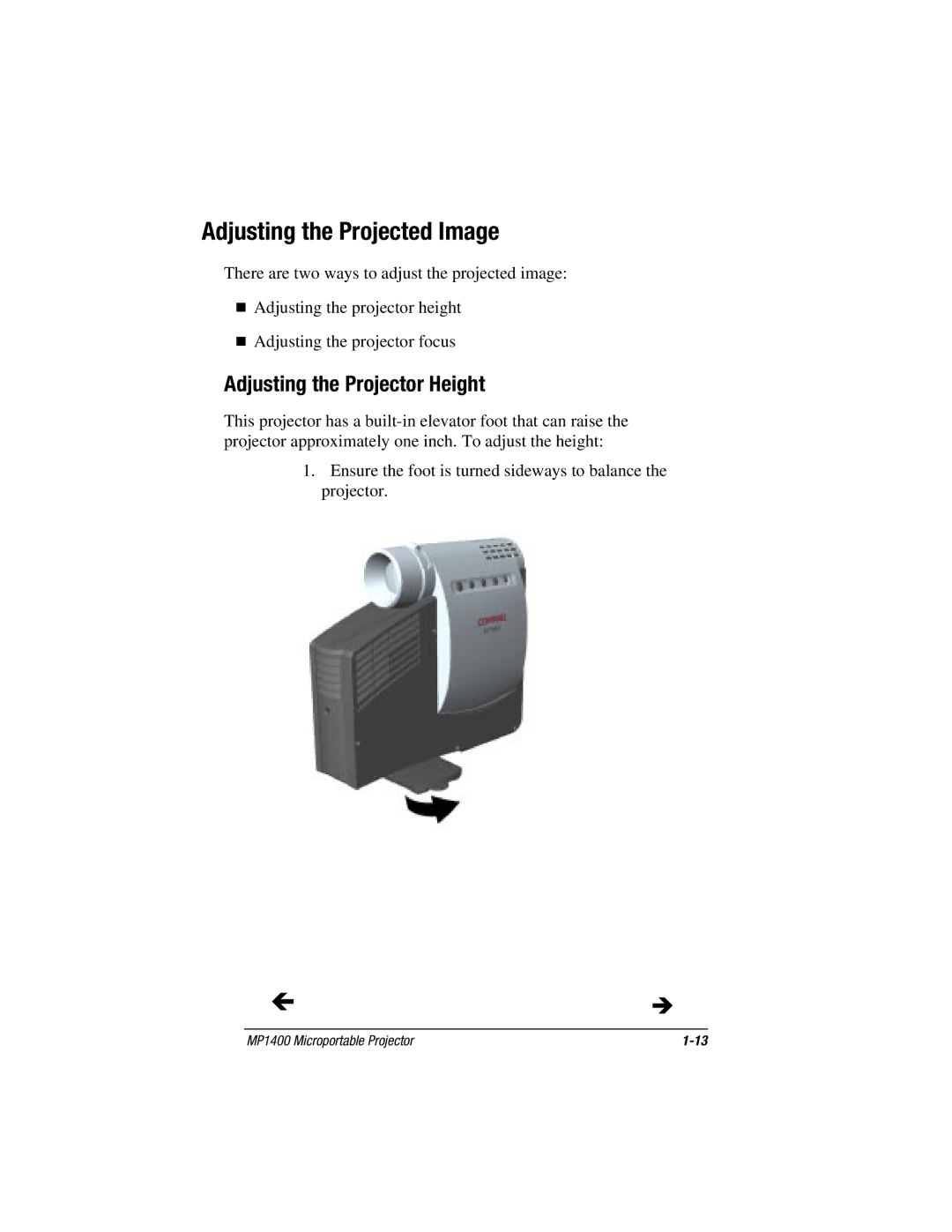 Compaq MP1400 manual Adjusting the Projected Image, Adjusting the Projector Height 