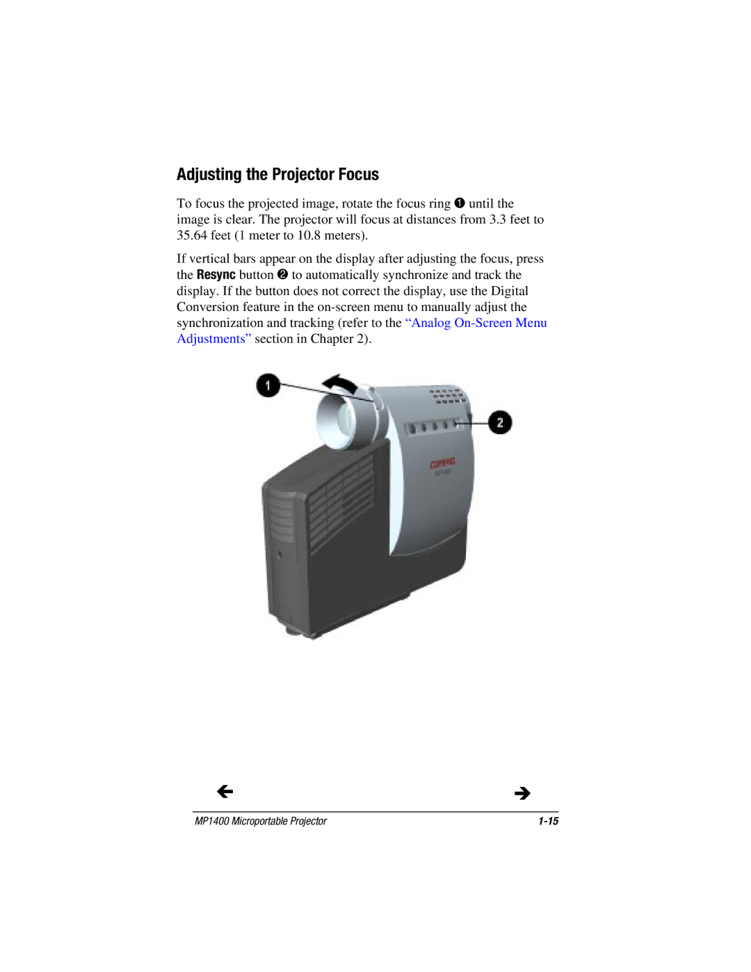 Compaq MP1400 manual Adjusting the Projector Focus 