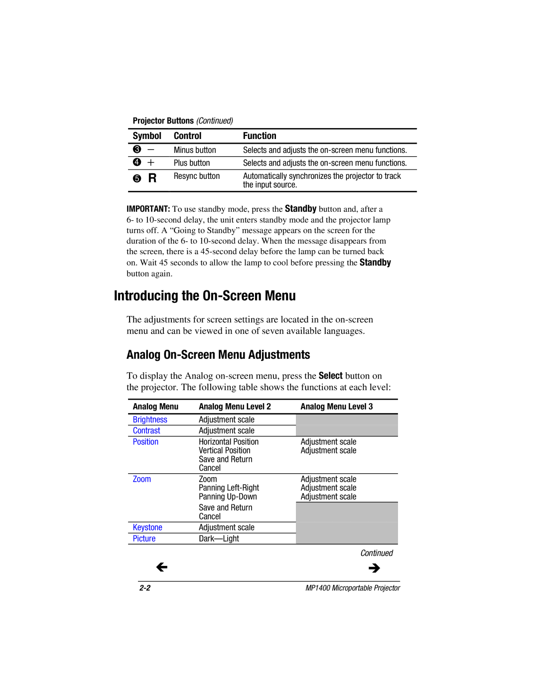 Compaq MP1400 manual Introducing the On-Screen Menu, Analog On-Screen Menu Adjustments, Projector Buttons 