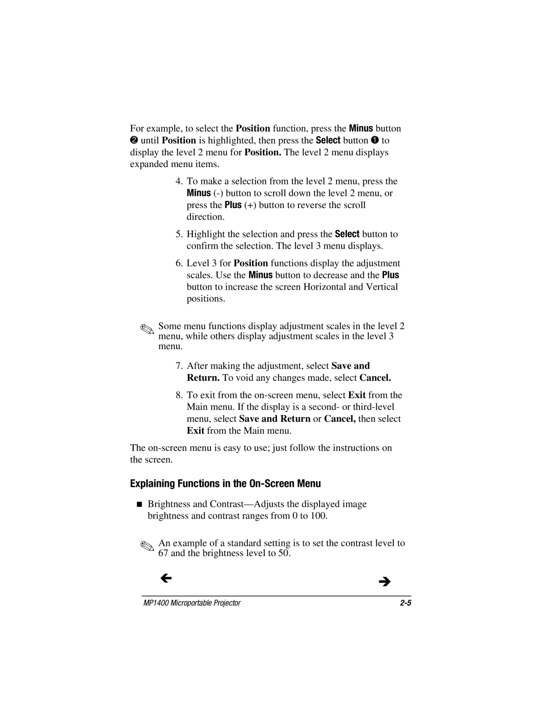 Compaq MP1400 manual Explaining Functions in the On-Screen Menu 