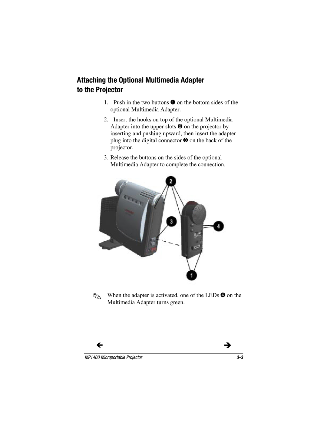 Compaq MP1400 manual Attaching the Optional Multimedia Adapter to the Projector 