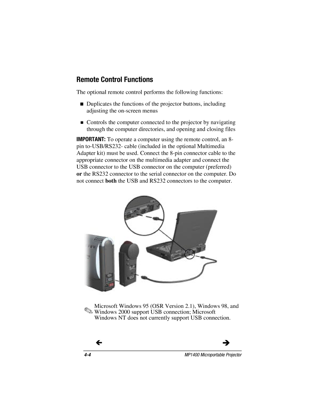 Compaq MP1400 manual Remote Control Functions 