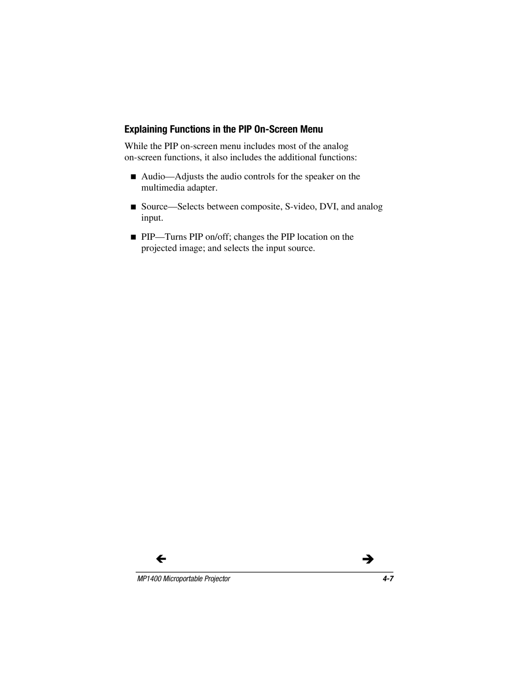 Compaq MP1400 manual Explaining Functions in the PIP On-Screen Menu 