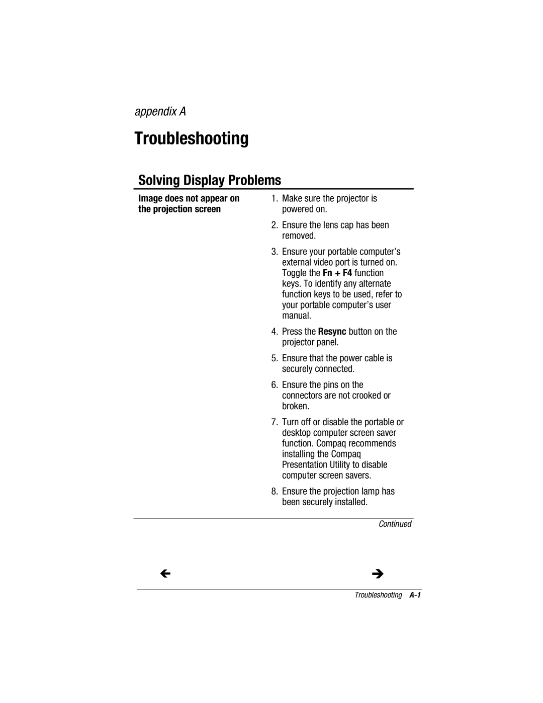 Compaq MP1400 manual Solving Display Problems, Image does not appear on the projection screen 