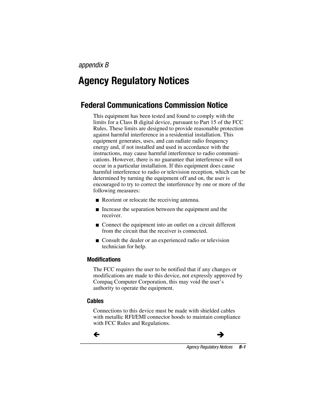 Compaq MP1400 manual Federal Communications Commission Notice, Modifications, Cables 