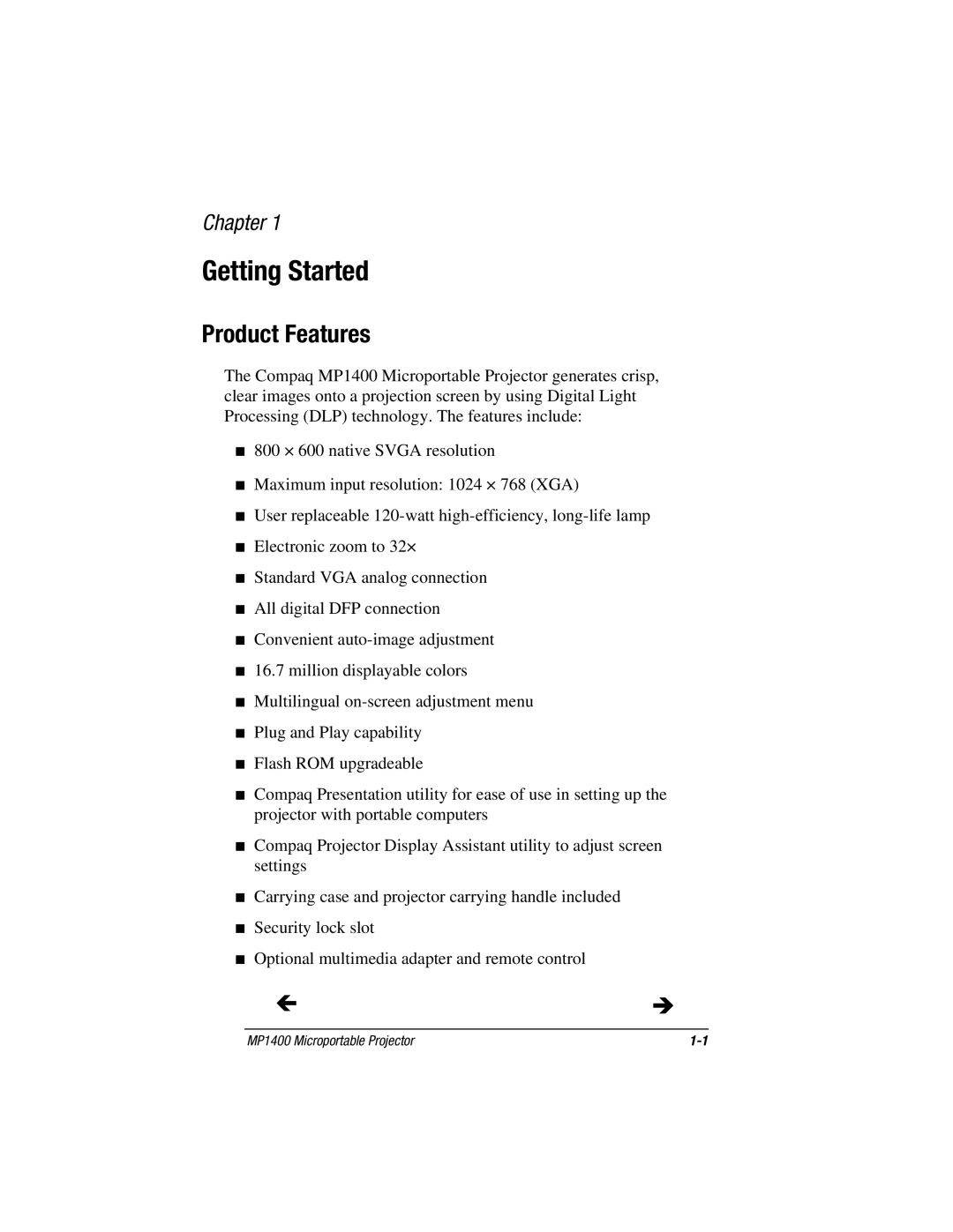 Compaq MP1400 manual Getting Started, Product Features 