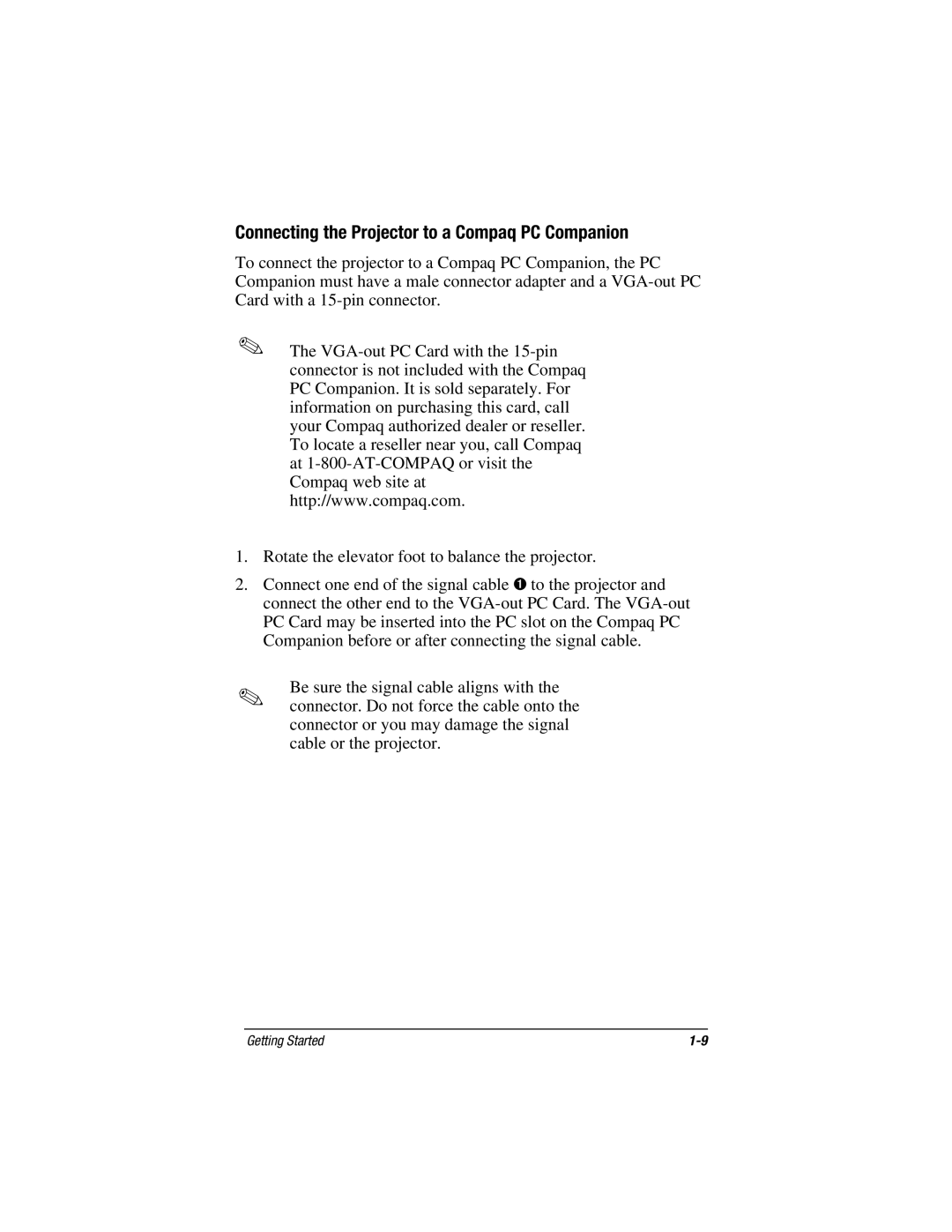 Compaq MP1800 warranty Connecting the Projector to a Compaq PC Companion 