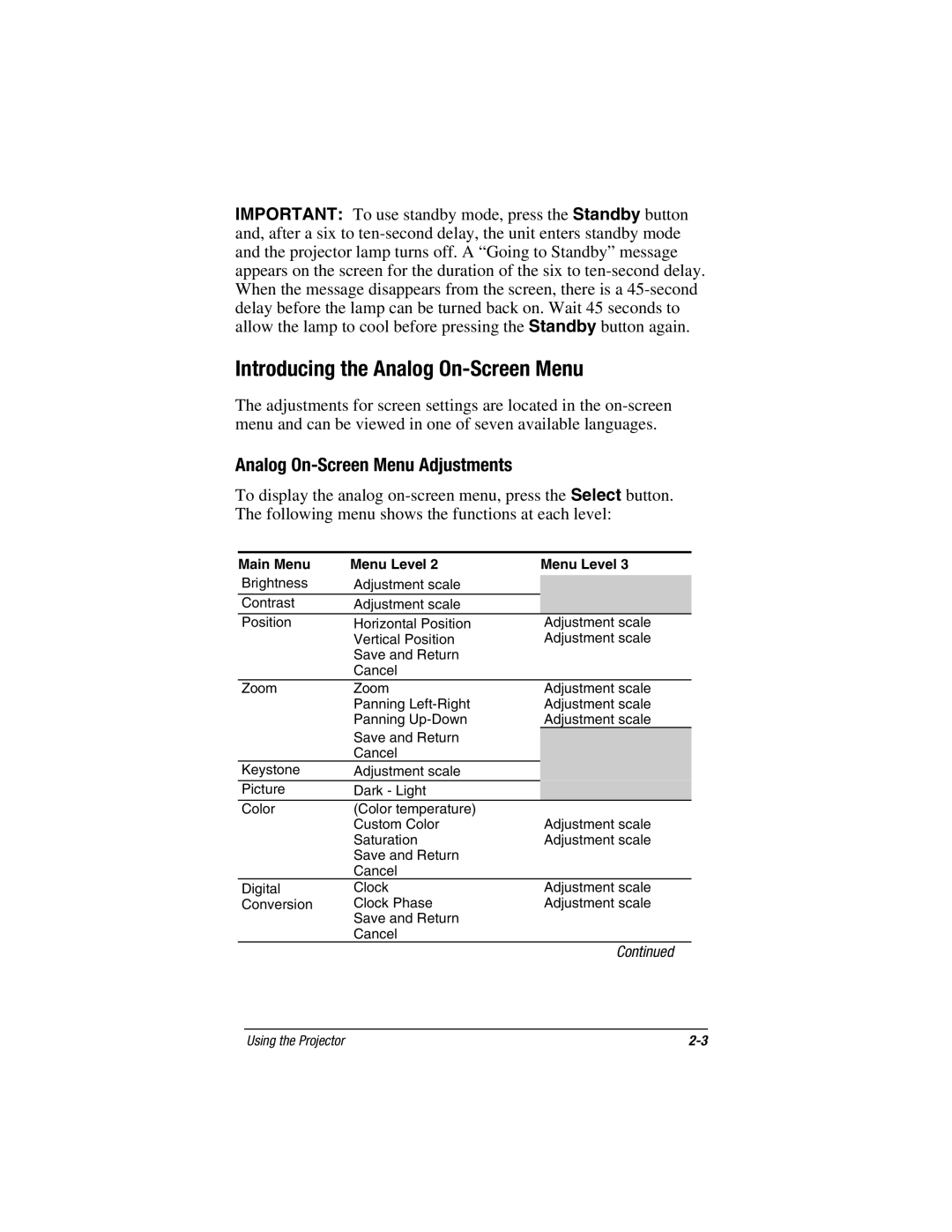 Compaq MP1800 warranty Introducing the Analog On-Screen Menu, Analog On-Screen Menu Adjustments 