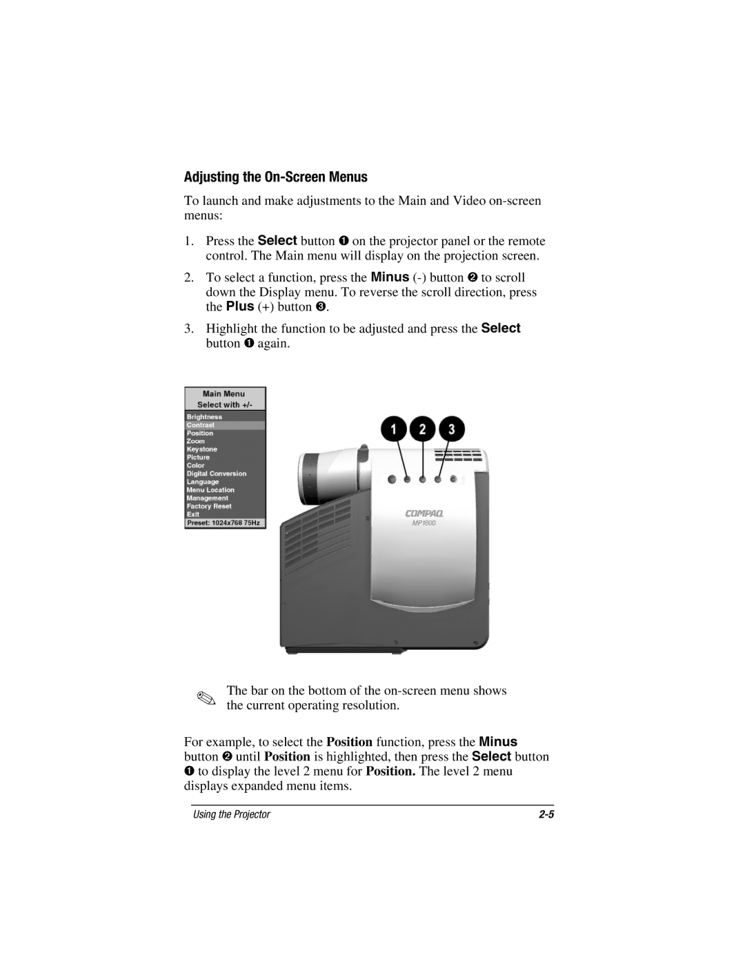 Compaq MP1800 warranty Adjusting the On-Screen Menus 