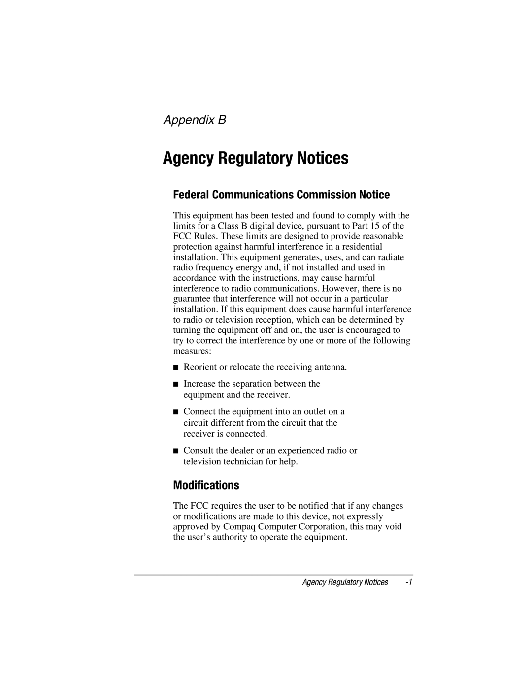 Compaq MP1800 warranty Agency Regulatory Notices, Modifications 