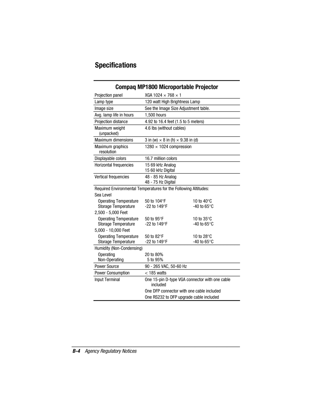 Compaq warranty Specifications, Compaq MP1800 Microportable Projector 