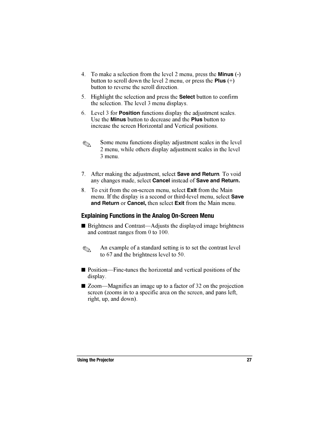 Compaq MP2800 warranty Explaining Functions in the Analog On-Screen Menu 