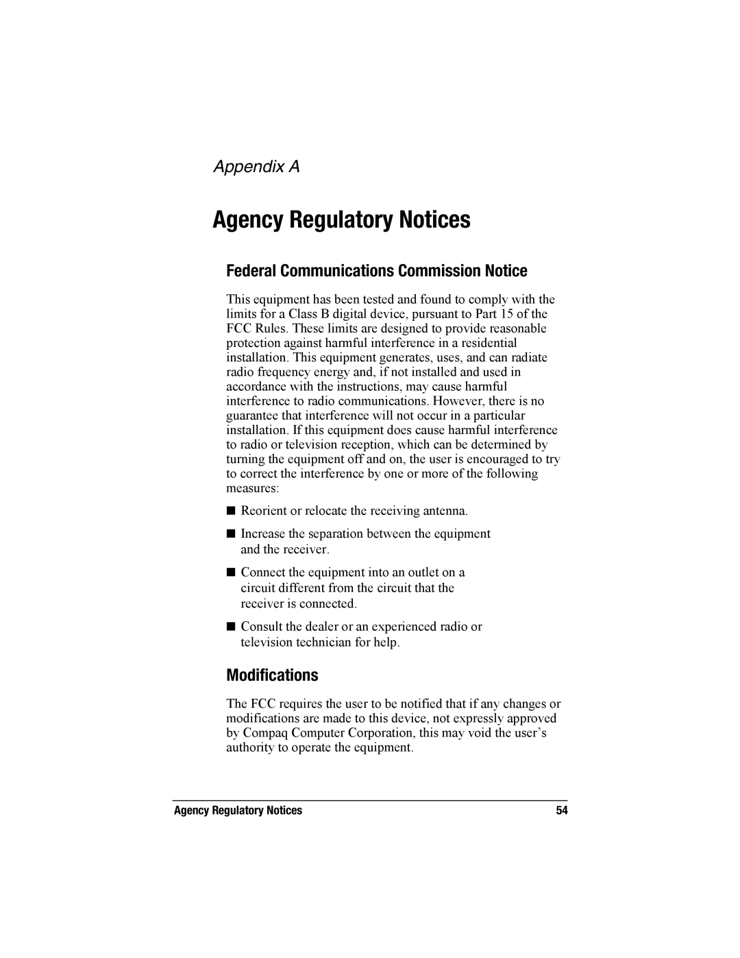 Compaq MP2800 warranty Federal Communications Commission Notice, Modifications, Agency Regulatory Notices 