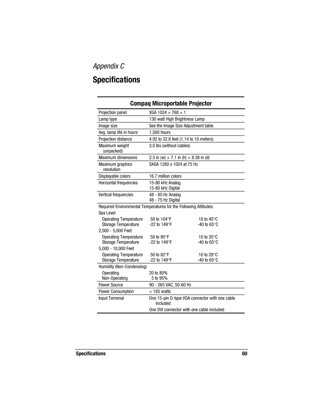 Compaq MP2800 warranty Specifications, Compaq Microportable Projector 