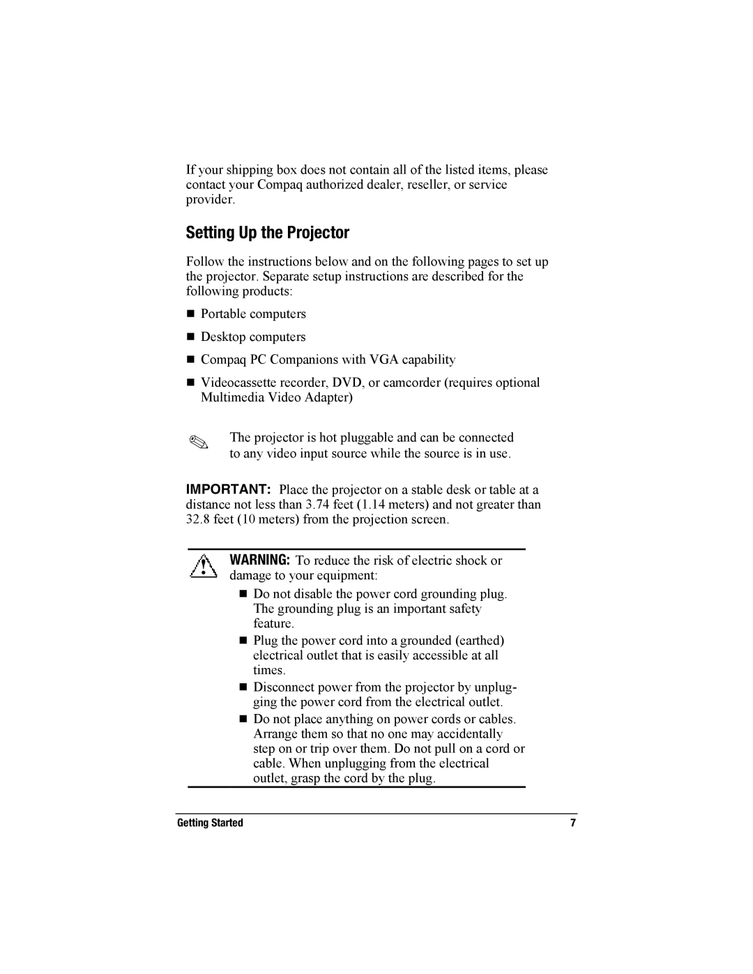 Compaq MP2800 warranty Setting Up the Projector 