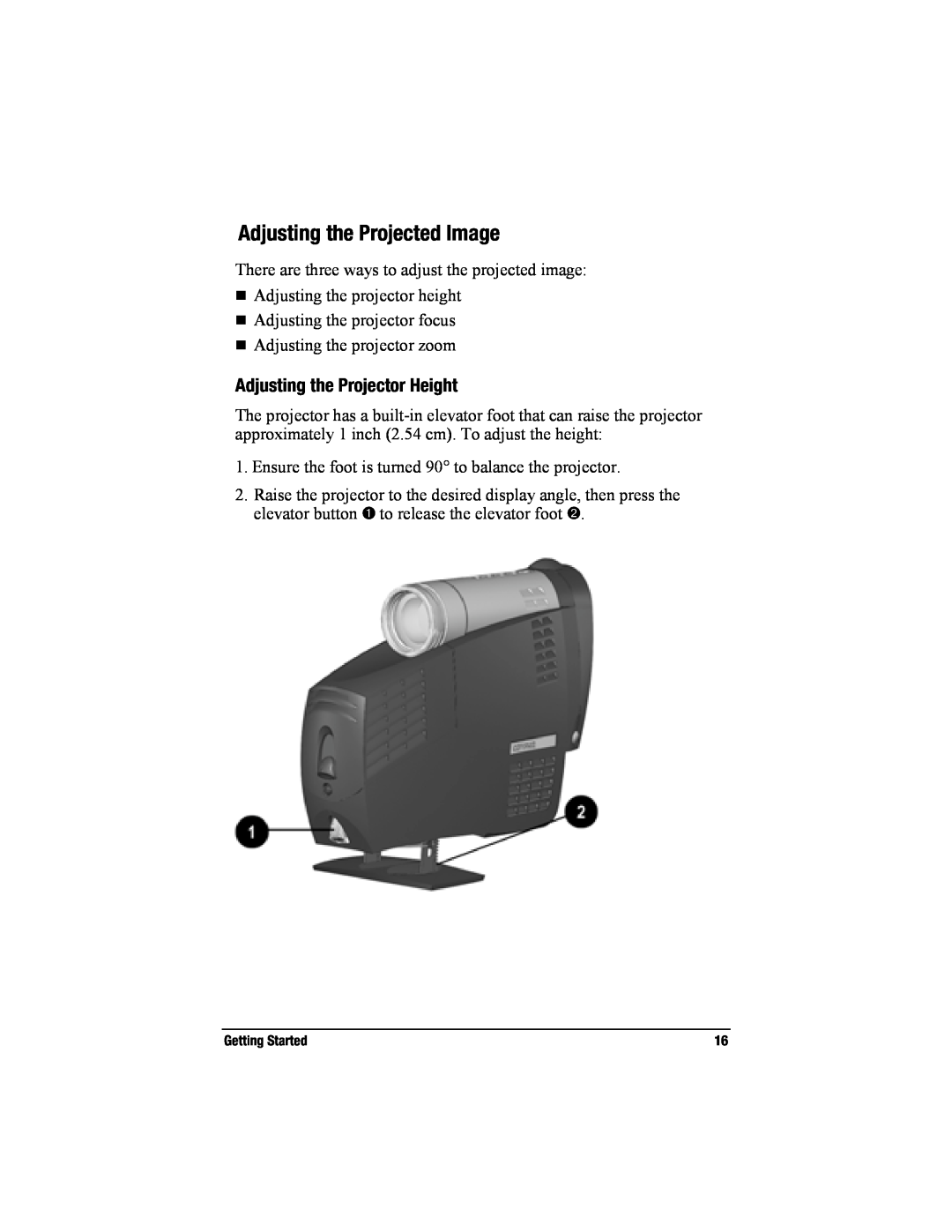 Compaq MP2800 warranty Adjusting the Projected Image, Adjusting the Projector Height 