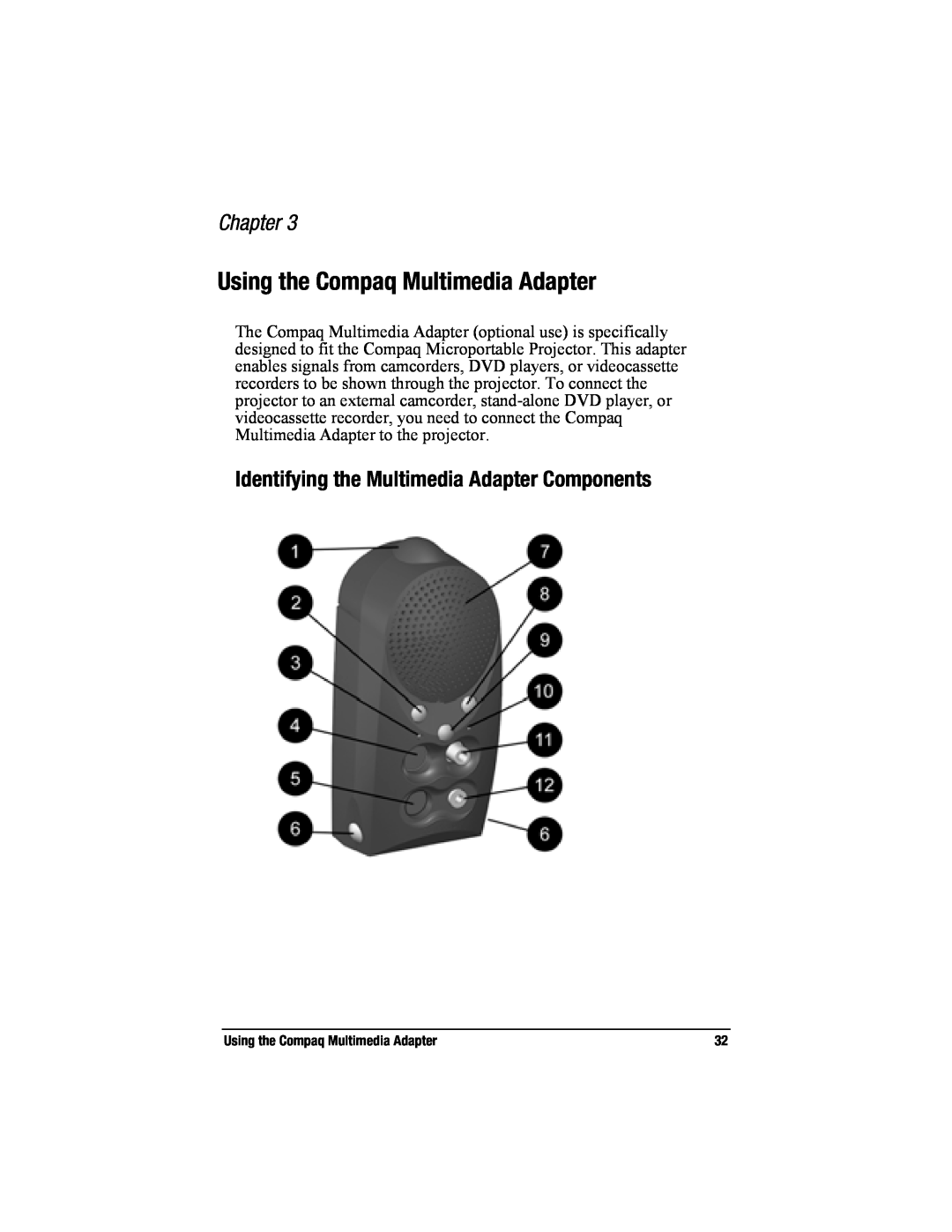 Compaq MP2800 warranty Using the Compaq Multimedia Adapter, Identifying the Multimedia Adapter Components, Chapter 