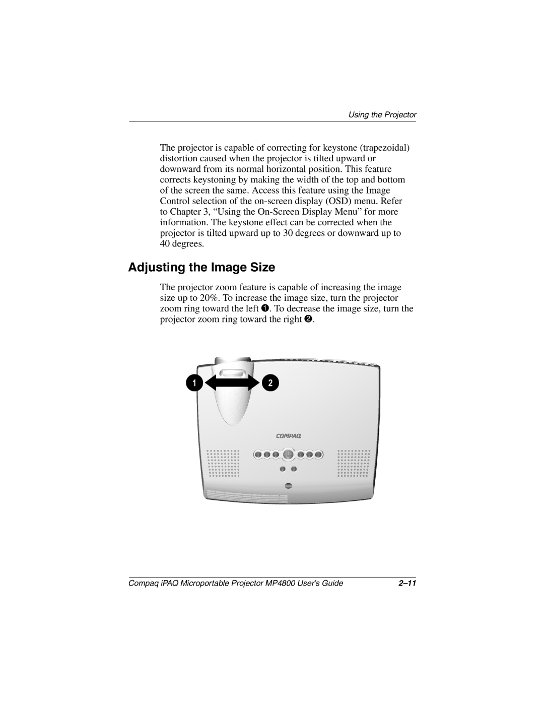 Compaq MP4800 manual Adjusting the Image Size 