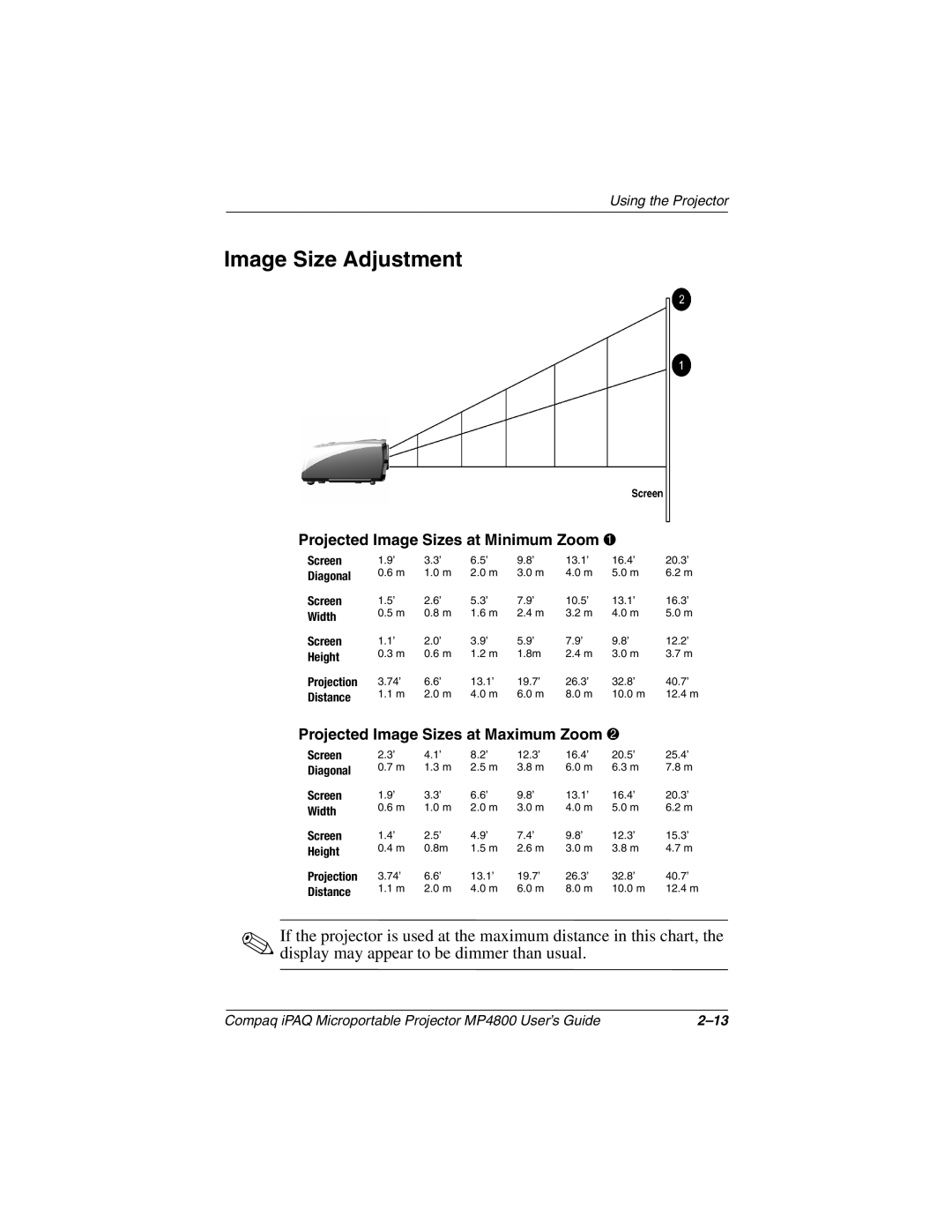 Compaq MP4800 manual Image Size Adjustment, Projected Image Sizes at Minimum Zoom 