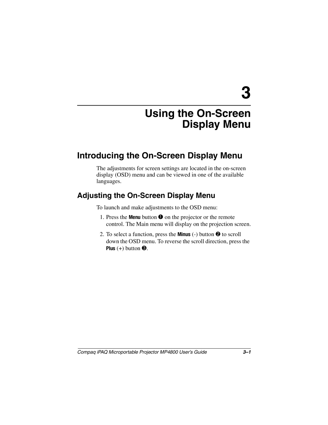 Compaq MP4800 manual Using the On-Screen Display Menu, Introducing the On-Screen Display Menu 