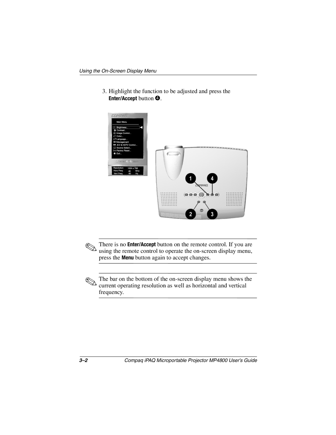 Compaq MP4800 manual Highlight the function to be adjusted and press 