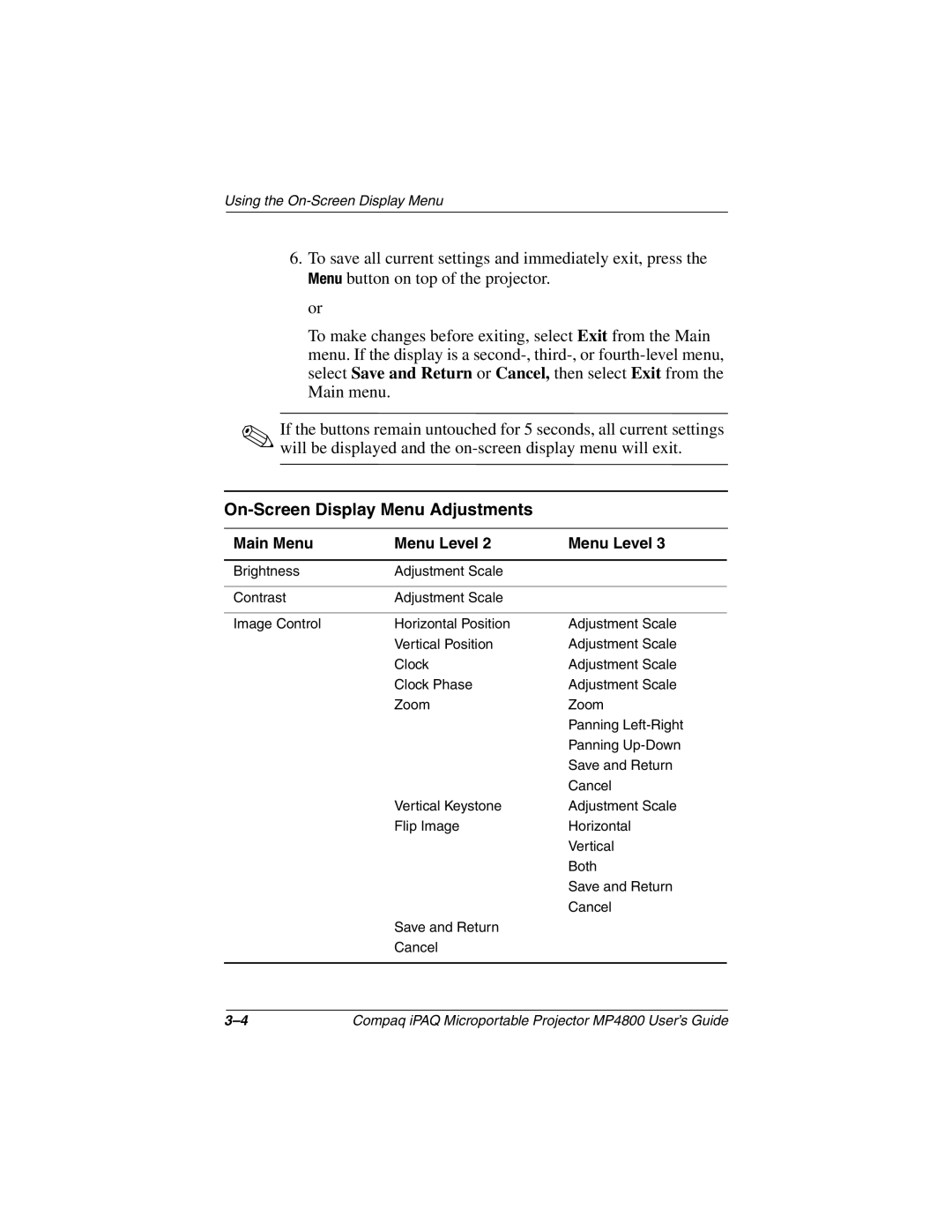 Compaq MP4800 manual On-Screen Display Menu Adjustments 