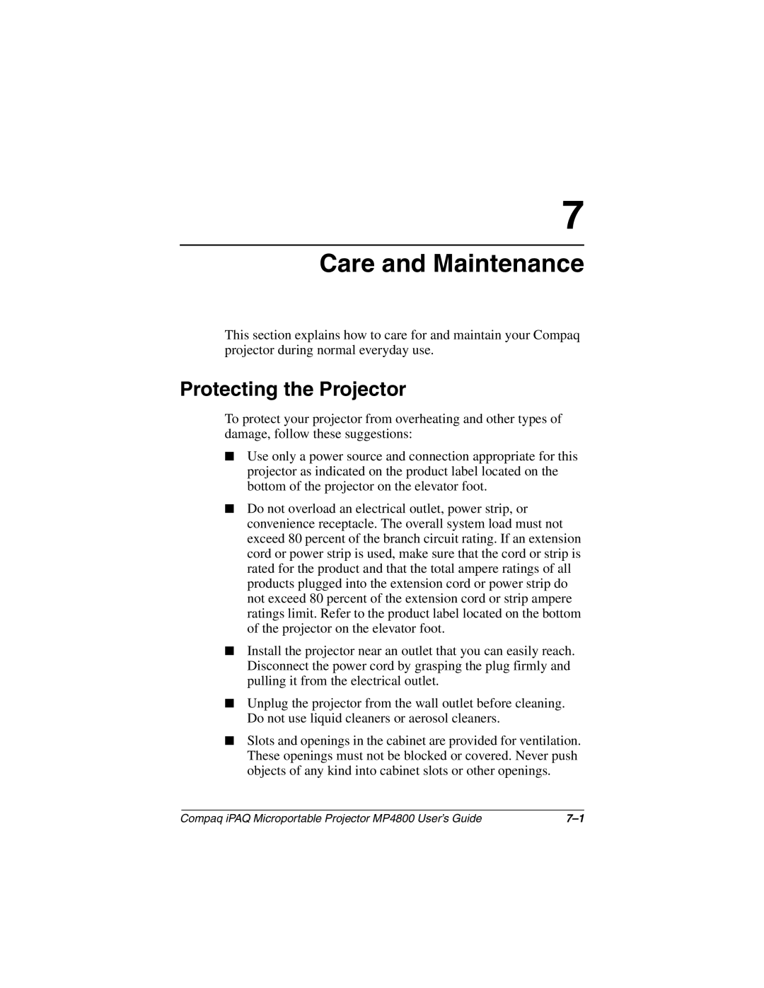 Compaq MP4800 manual Care and Maintenance, Protecting the Projector 