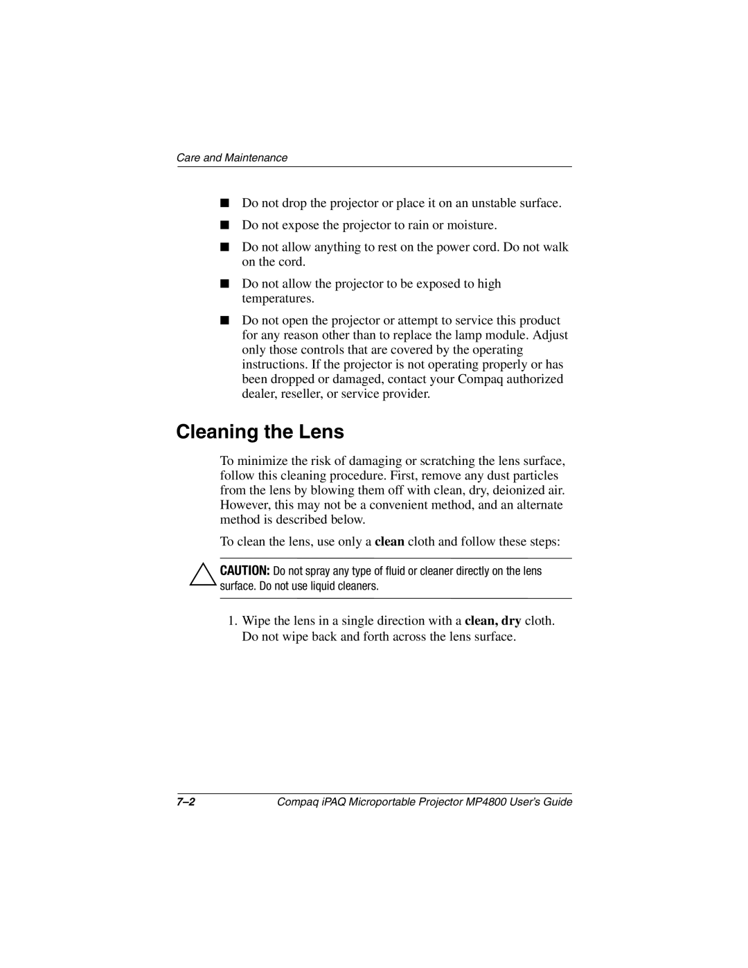 Compaq MP4800 manual Cleaning the Lens 