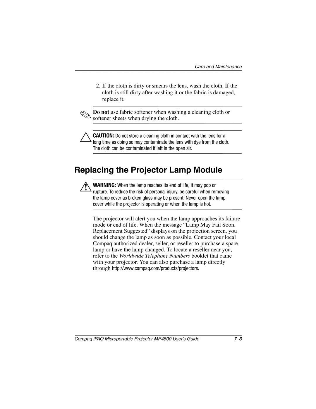 Compaq MP4800 manual Replacing the Projector Lamp Module 