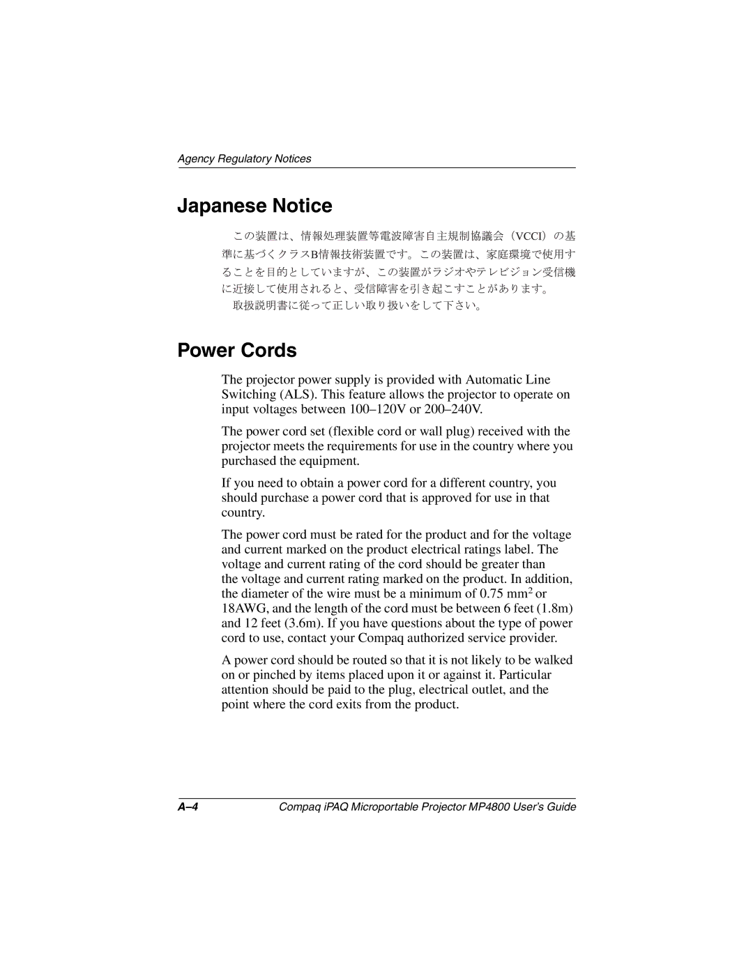 Compaq MP4800 manual Japanese Notice Power Cords 