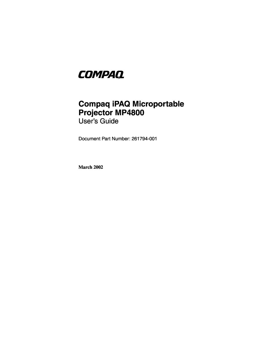 Compaq manual Compaq iPAQ Microportable Projector MP4800, User’s Guide, Document Part Number 