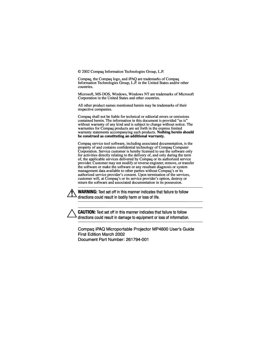Compaq MP4800 manual Document Part Number 