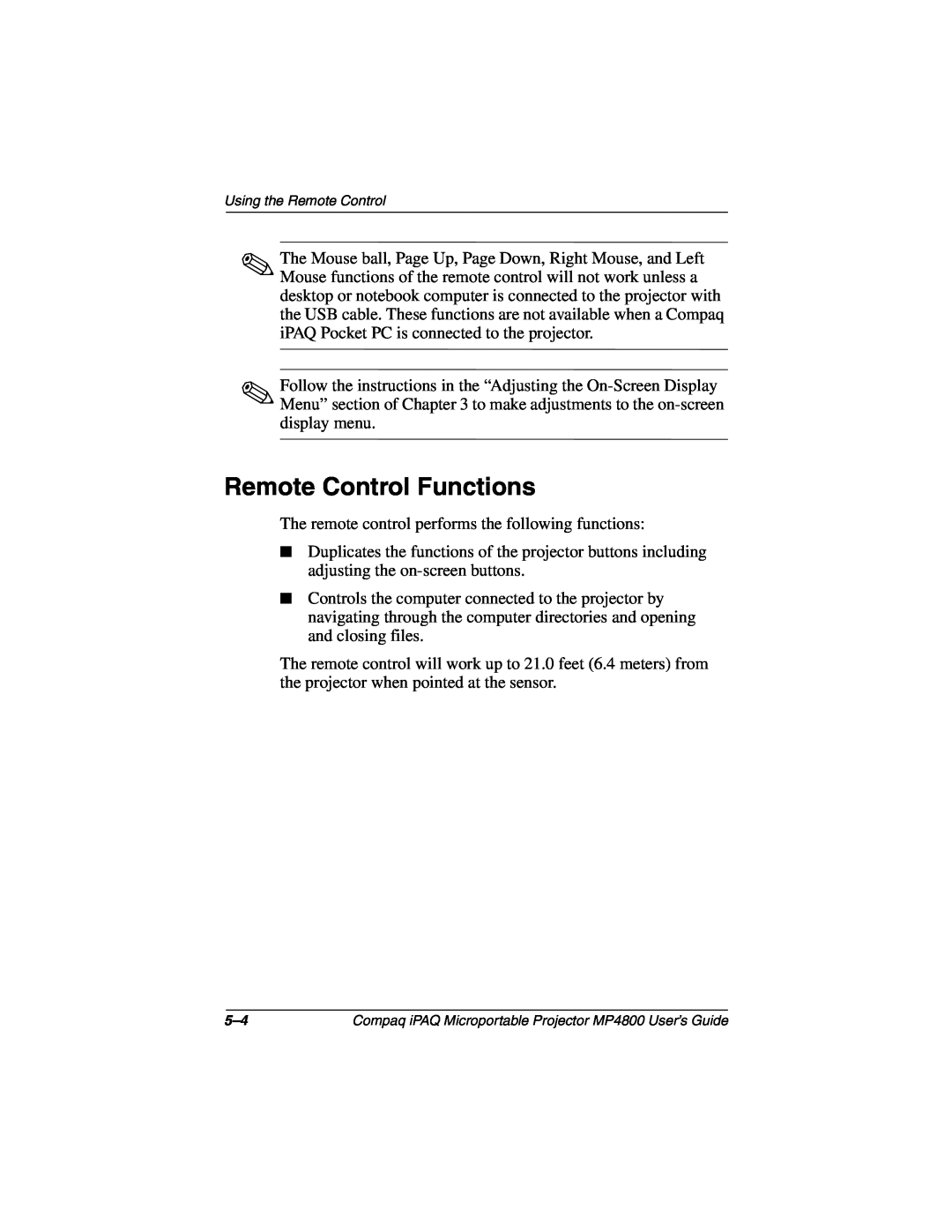 Compaq MP4800 manual Remote Control Functions 