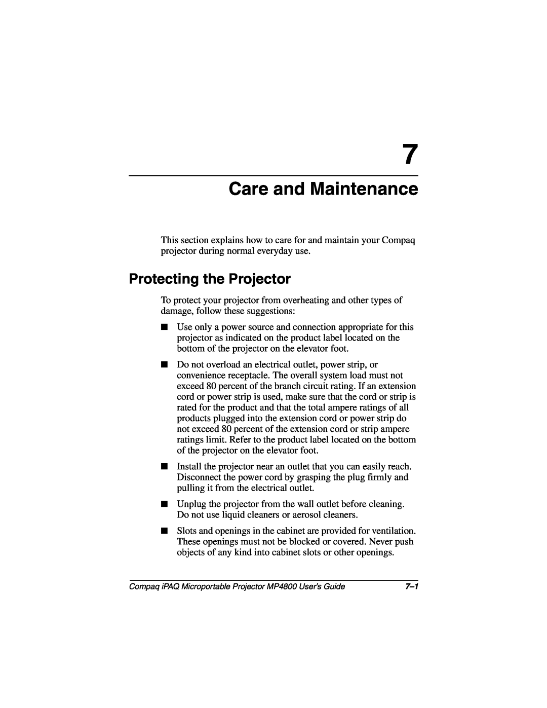 Compaq MP4800 manual Care and Maintenance, Protecting the Projector 