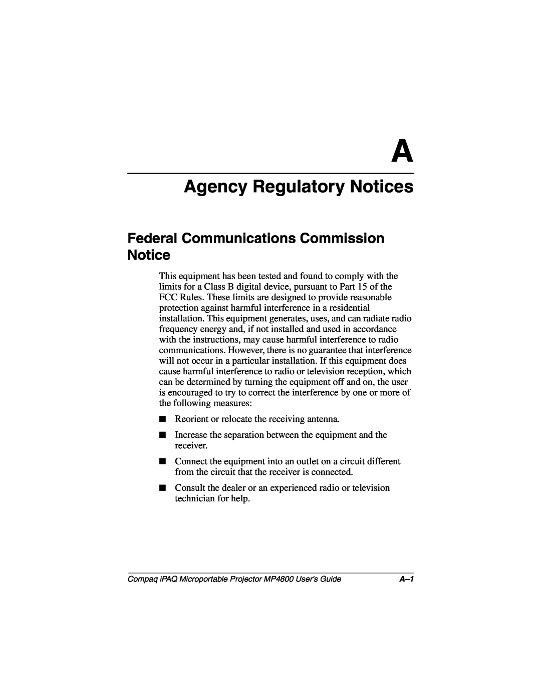 Compaq MP4800 manual Agency Regulatory Notices, Federal Communications Commission Notice 