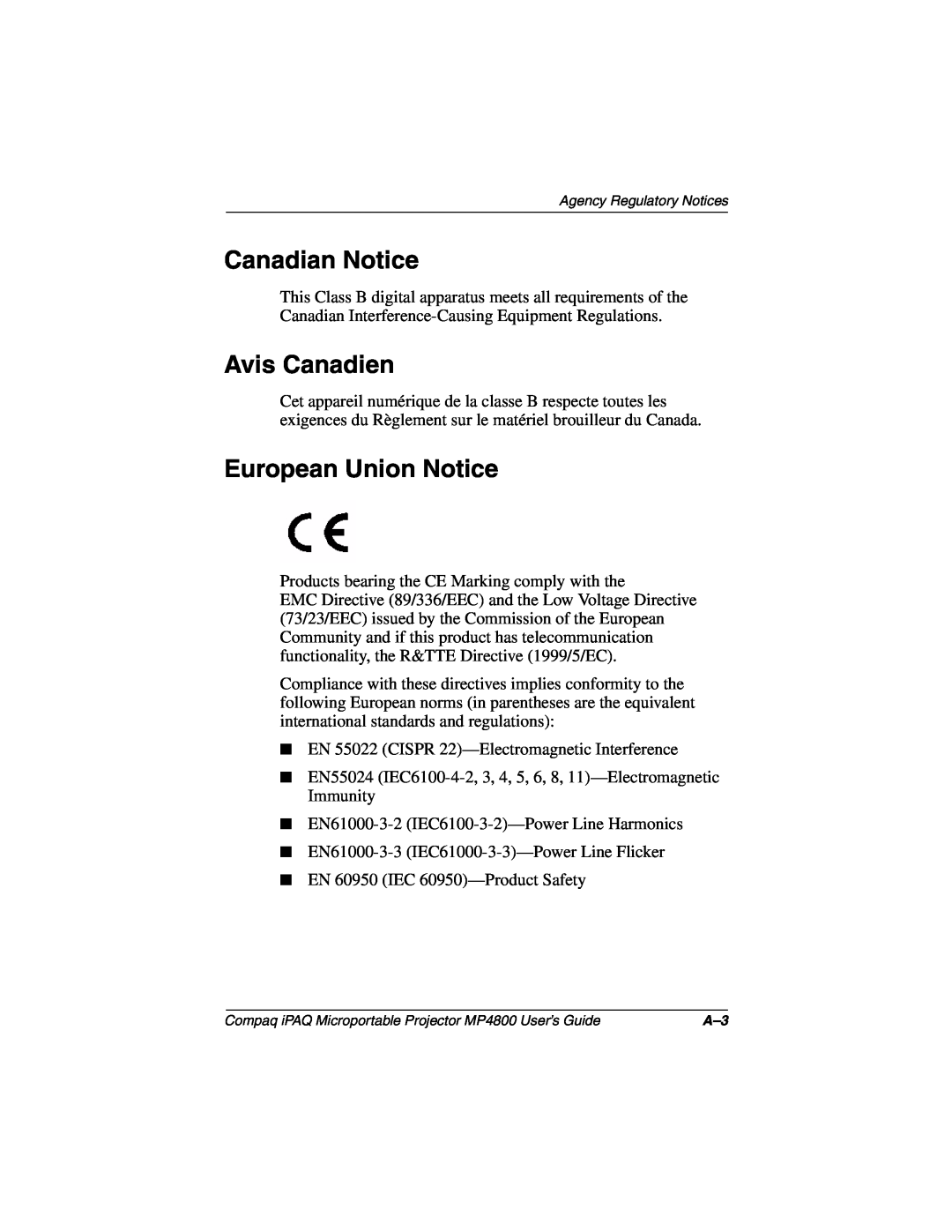 Compaq MP4800 manual Canadian Notice, Avis Canadien, European Union Notice 