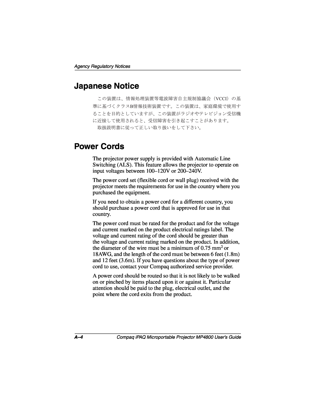 Compaq MP4800 manual Japanese Notice Power Cords 