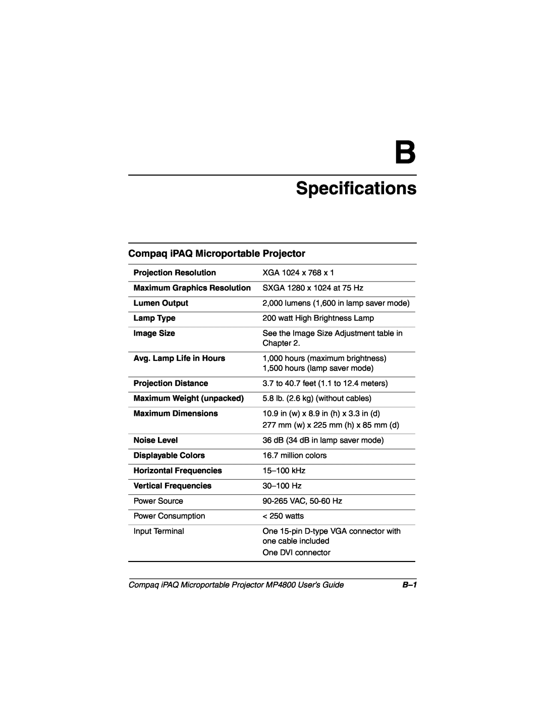 Compaq manual Specifications, Compaq iPAQ Microportable Projector MP4800 User’s Guide 