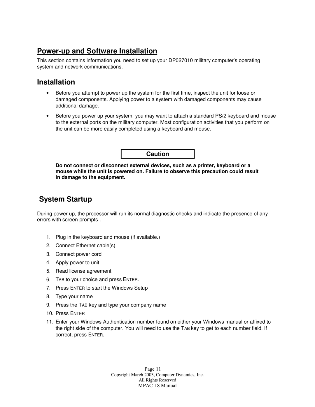 Compaq MPAC-18 manual Power-up and Software Installation, System Startup 