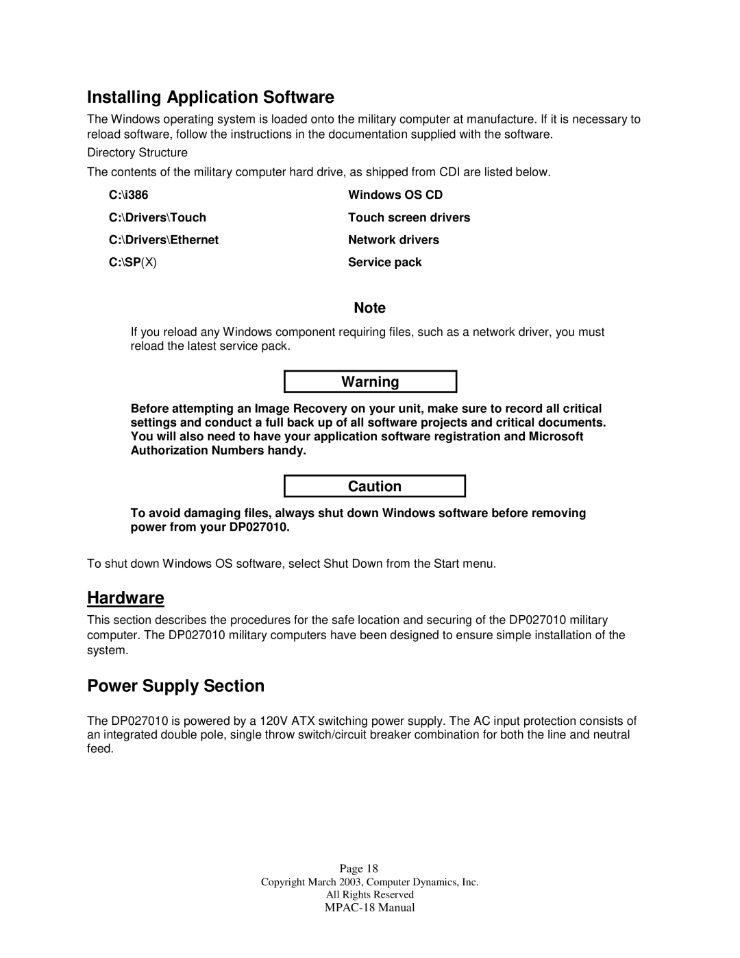 Compaq MPAC-18 manual Installing Application Software, Hardware, Power Supply Section 