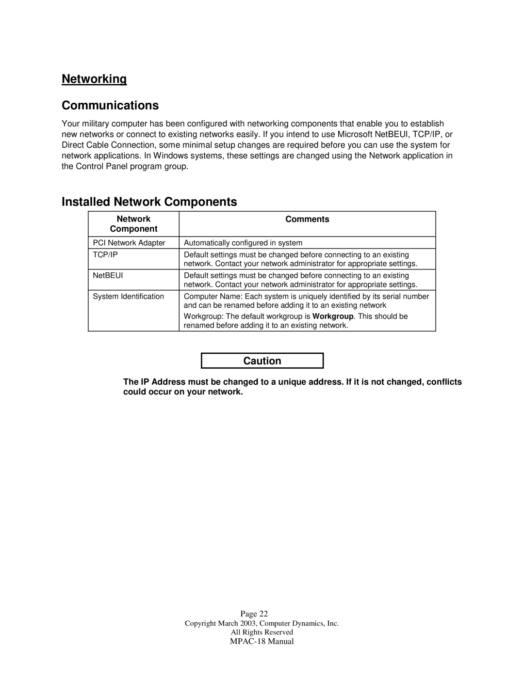 Compaq MPAC-18 manual Networking Communications, Installed Network Components 