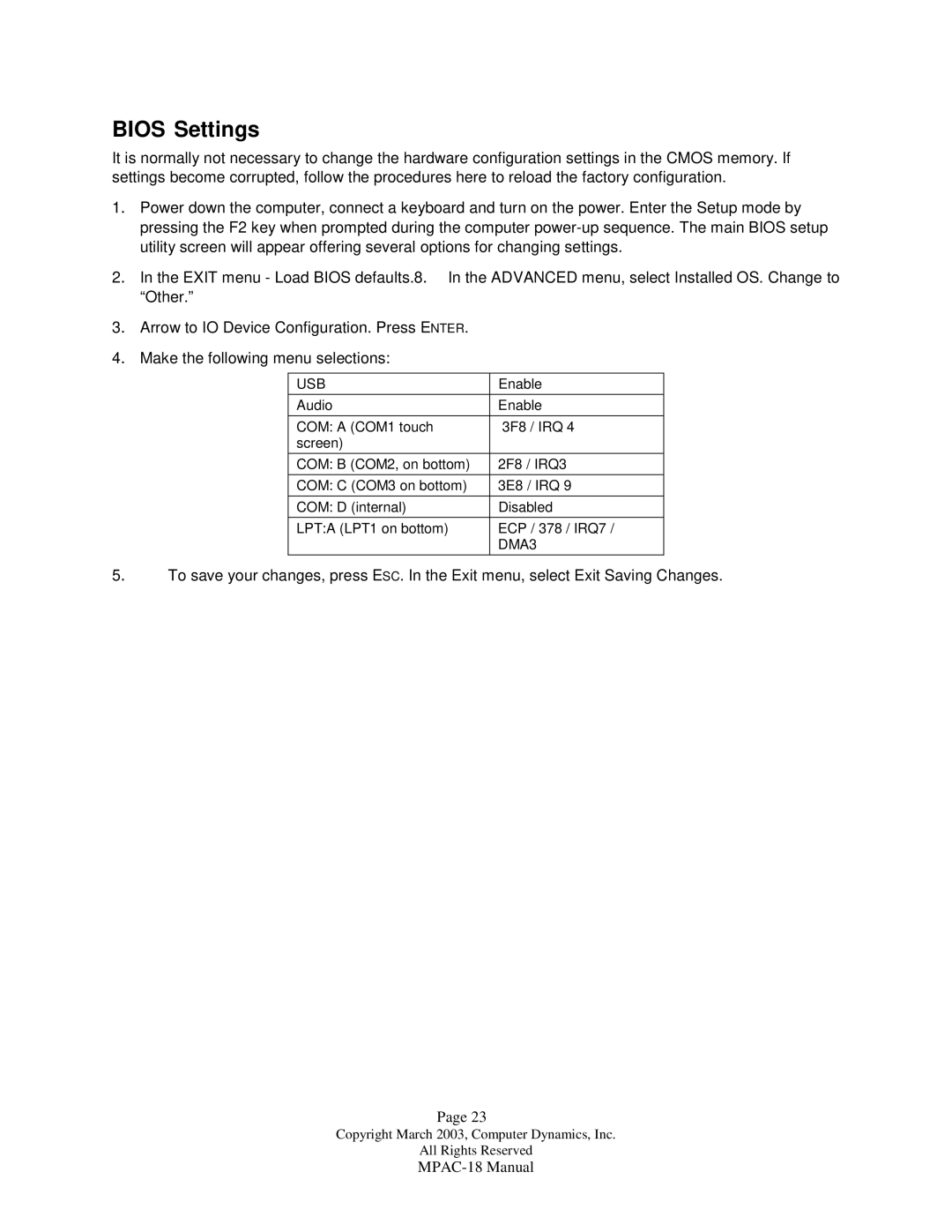 Compaq MPAC-18 manual Bios Settings, Usb 