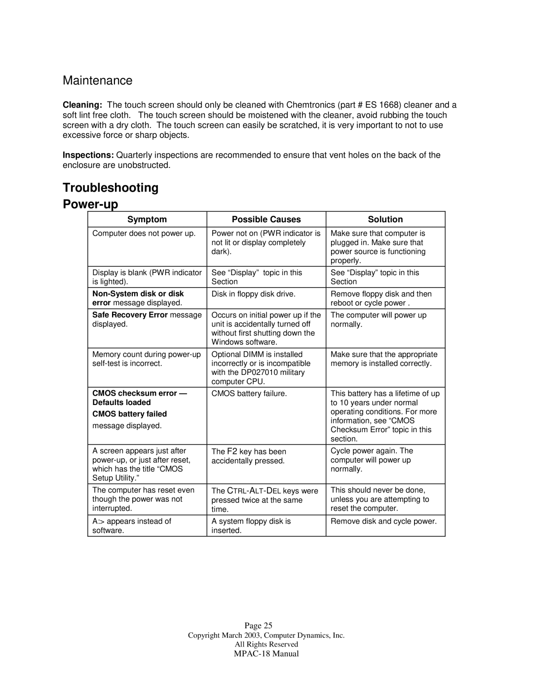 Compaq MPAC-18 manual Maintenance, Troubleshooting Power-up 