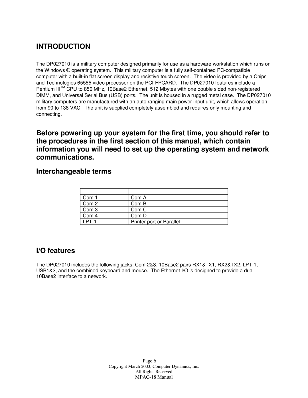 Compaq MPAC-18 manual Introduction, Features 