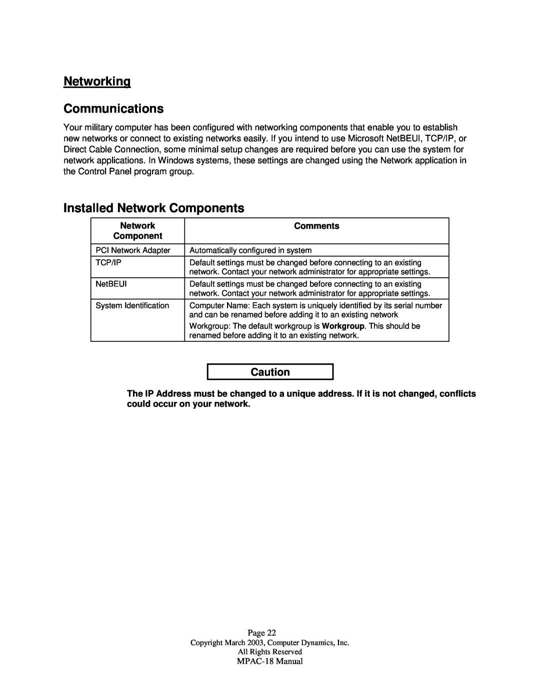 Compaq MPAC-18 manual Networking Communications, Installed Network Components, Comments 