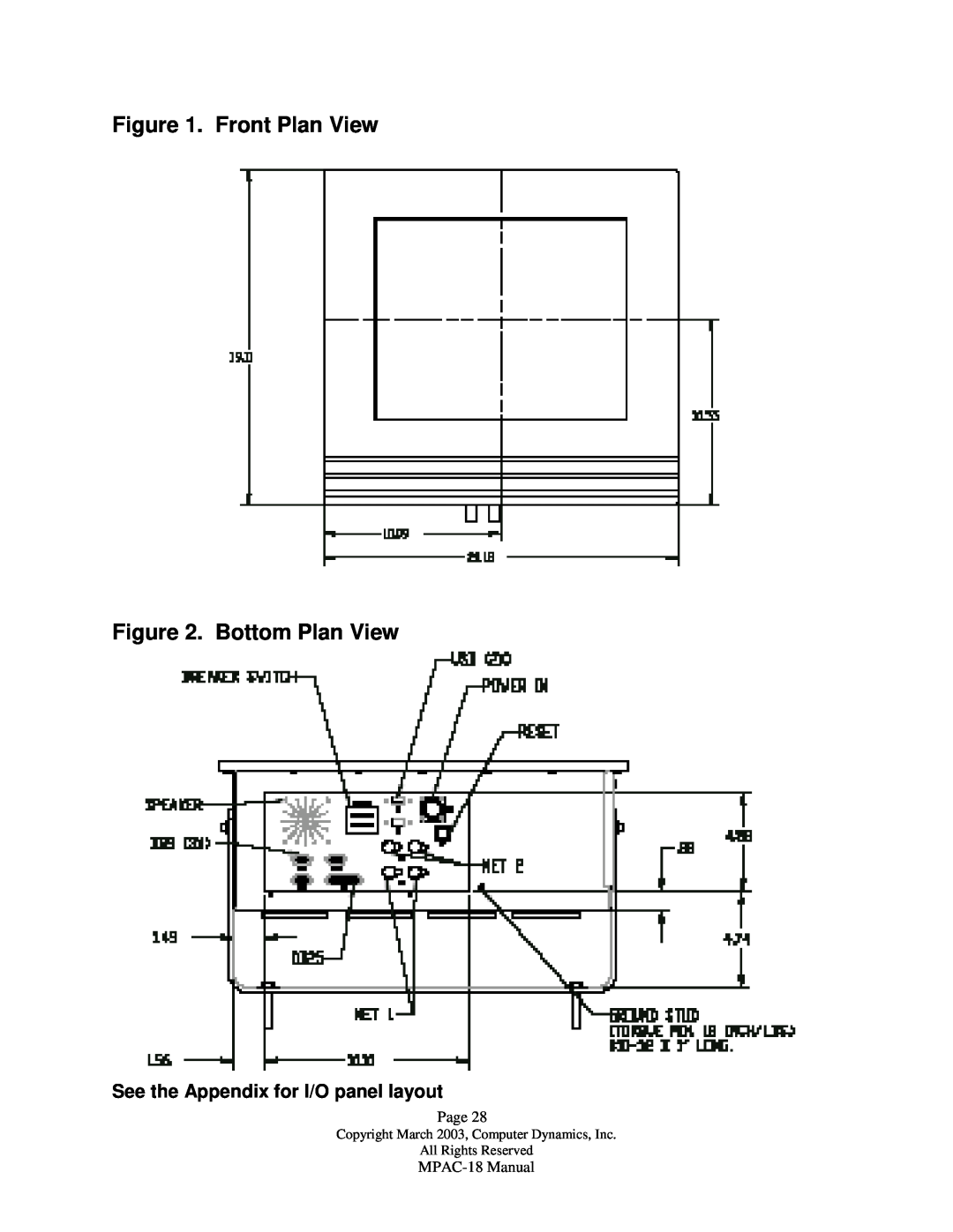 Compaq manual Front Plan View . Bottom Plan View, See the Appendix for I/O panel layout, Page, MPAC-18 Manual 